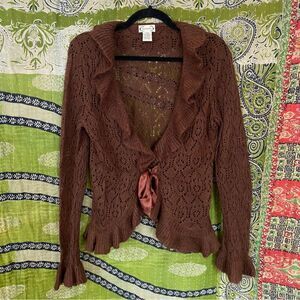 Vintage Y2K Next Era Brown Ramie Blend Crochet Fairy Cardigan Size Large